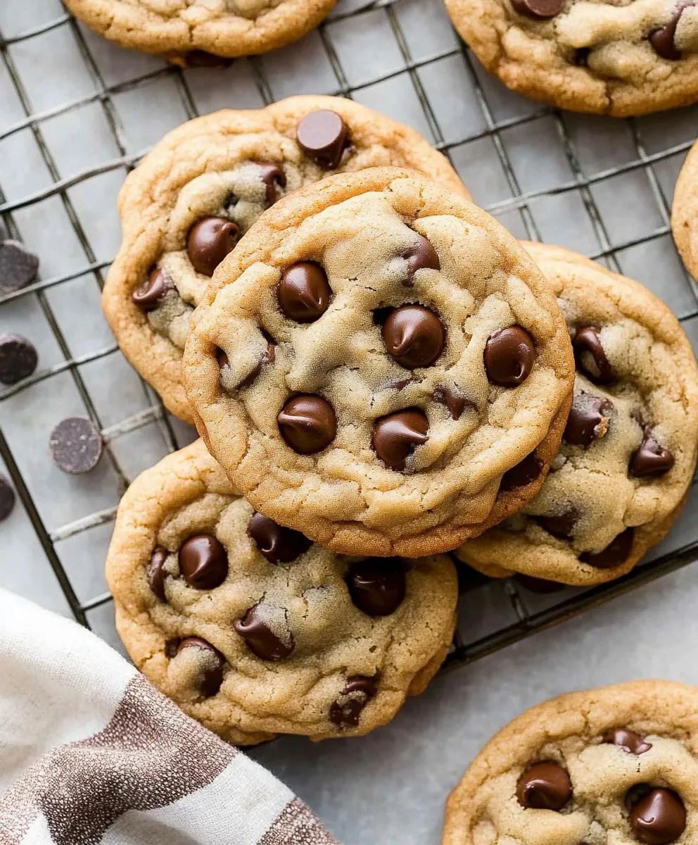 A stack of warm chocolate chip cookies on a cooling rack