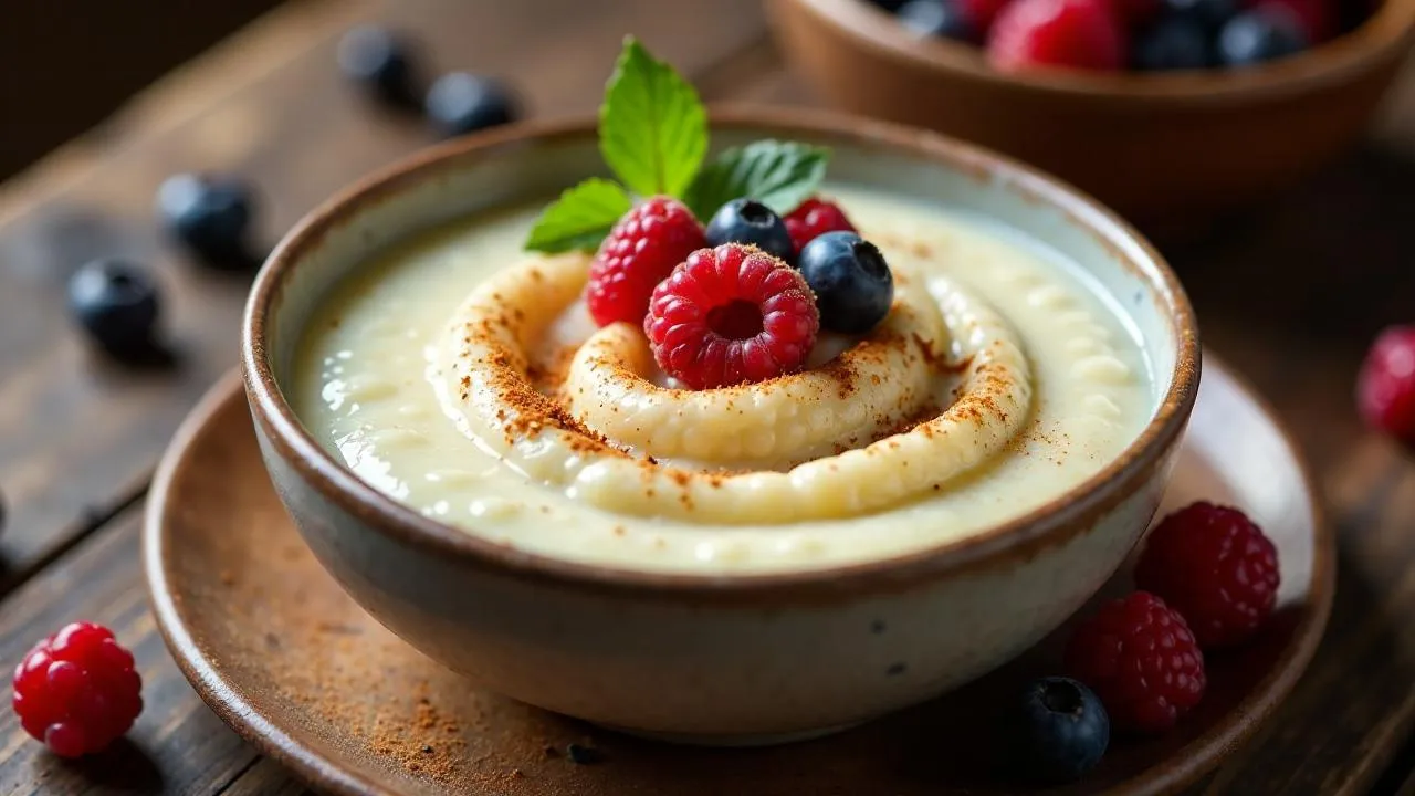 A creamy bowl of semolina porridge topped with cinnamon and sugar